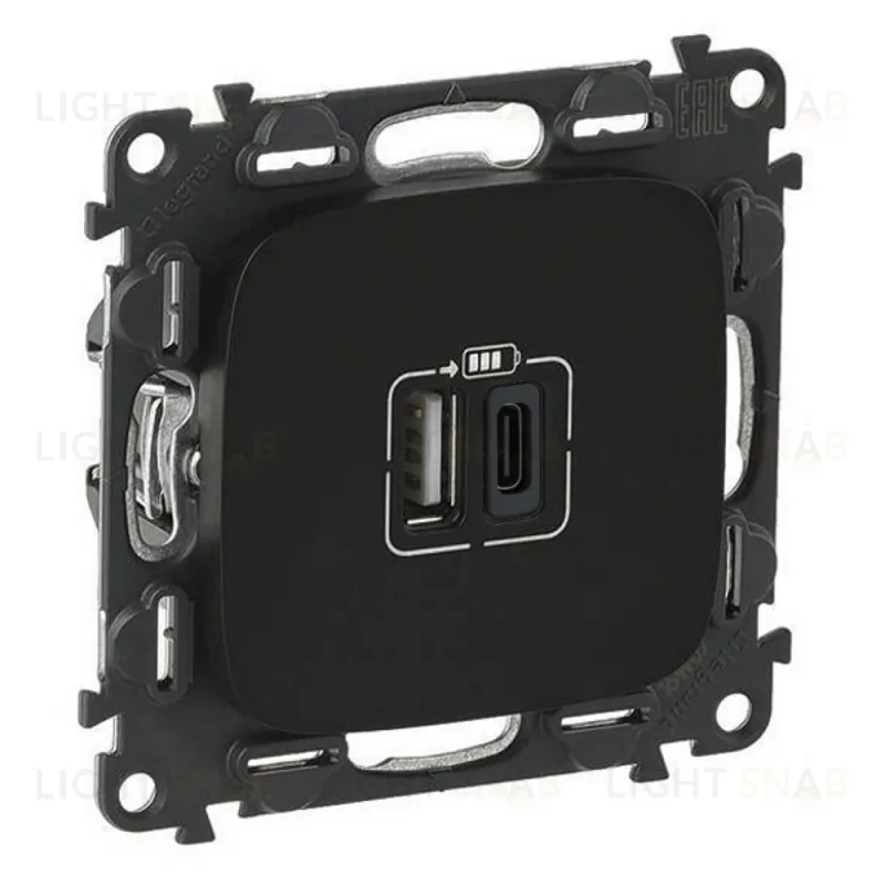 Розетка USB двойная для зарядки тип А+С 240В/5В 3000мА Legrand Valena Allure, матовый черный 754968 754968