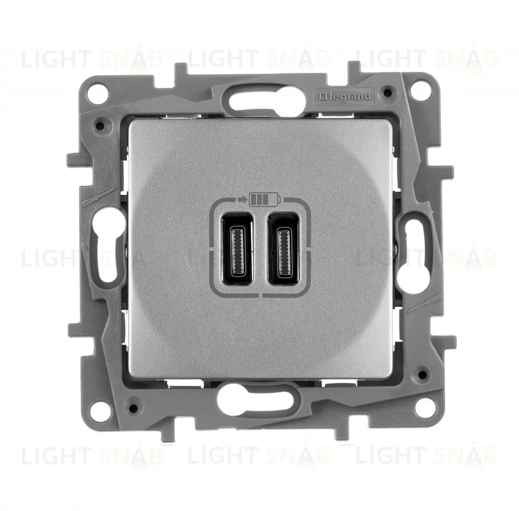 Розетка USB двойная для зарядки 3.0А тип-C+C 5V/3000мА Legrand Etika алюминий 672435 672435