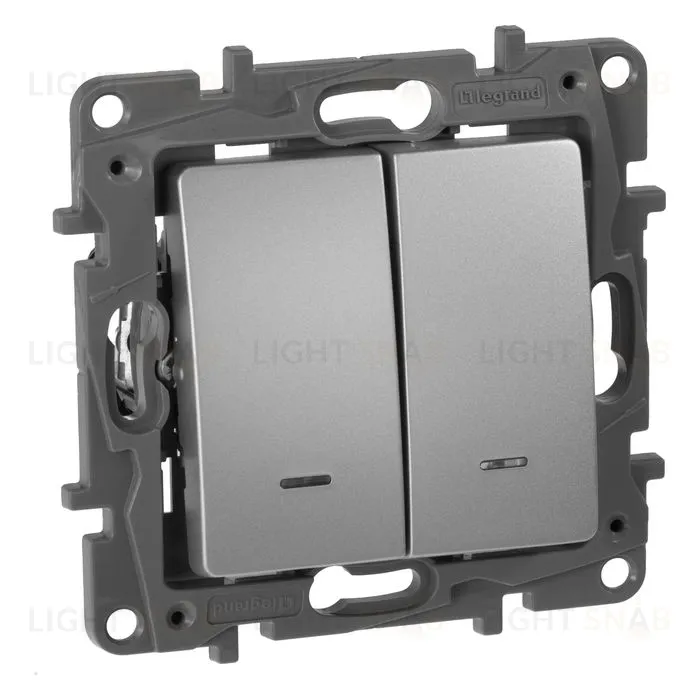 Выключатель-переключатель двухклавишный с подсветкой Legran Etika 10A (алюминий) 672416 672416