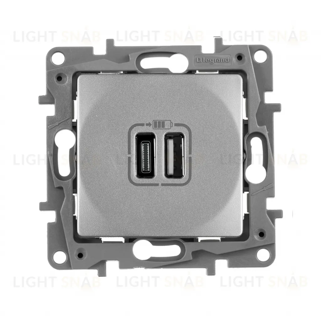 Розетка USB двойная для зарядки 3.0А тип-А+C 5V/3000мА Legrand Etika алюминий 672436 672436