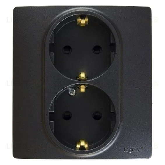 Розетка двойная электрическая Legrand Etika с заземлением без шторок, винтовые клеммы 16А/250В (антрацит) 672623 672623