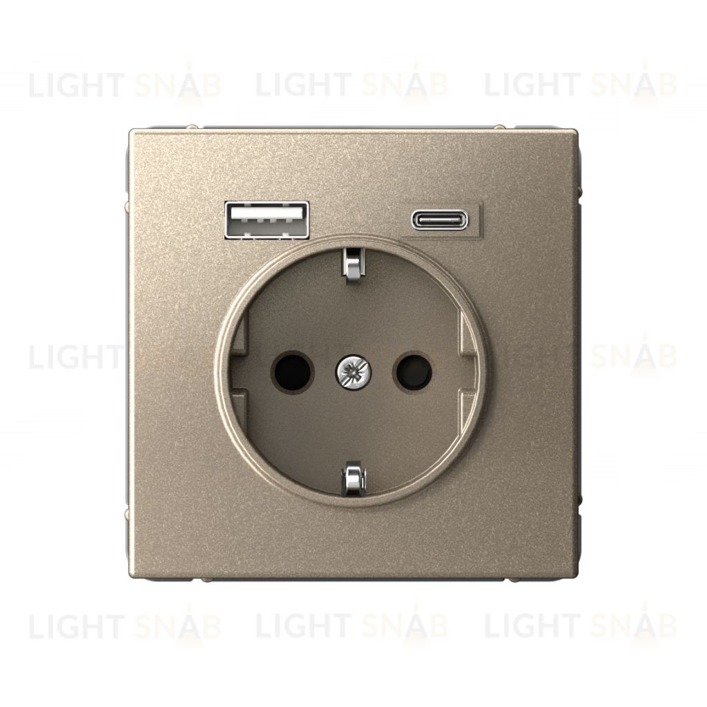 Розетка с заземлением 16А+2USB A+С, (5В/2,4А/3 А, 2х5В/1,5А) System Electric ArtGallery, шампань GAL000532 GAL000532