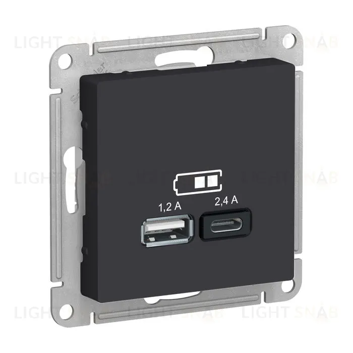 Розетка двойная USB тип A+С, 5В/2,4А, 2х5В/1,2А, System Electric ArtGallery 16А, карбон GAL001008+ATN001039 GAL001008 + ATN001039