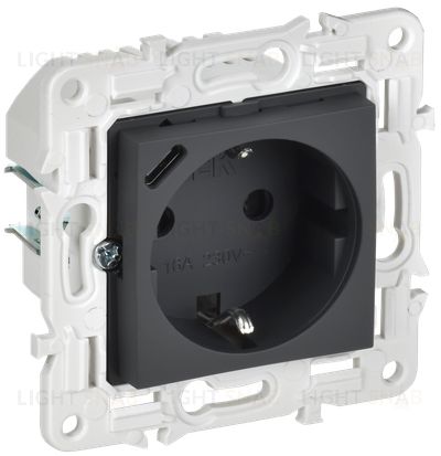 Розетка с заземлением с защитными шторками 16А с USB C 18Вт IEK Skandy графит SK-R14-16-U14-018-K53 SK-R14-16-U14-018-K53