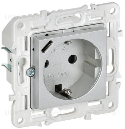 Розетка с заземлением с защитными шторками 16А с USB C 18Вт IEK Skandy серебряный SK-R14-16-U14-018-K23 SK-R14-16-U14-018-K23