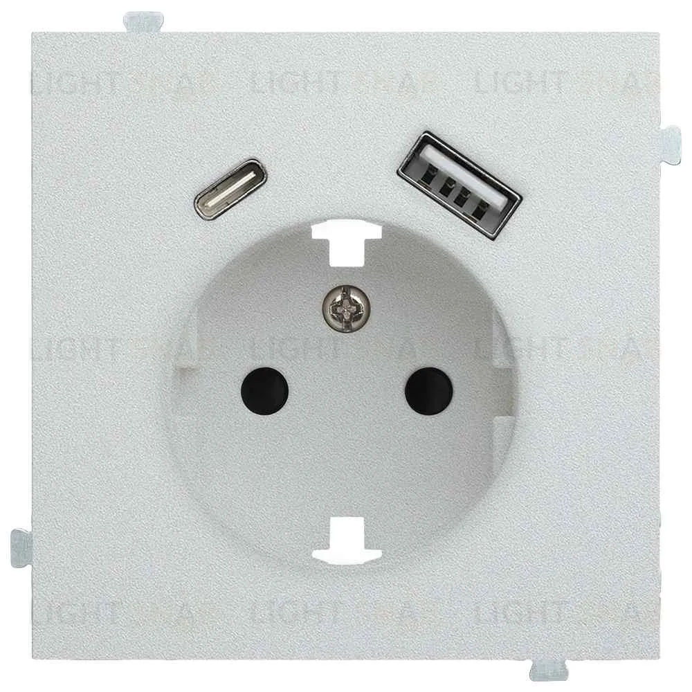 Розетка с заземлением и USB (A+C 5В-2,4А) Rikett 16A/250В, винтовой зажим, серебро 32137+35637 SV 32137 + 35637 SV