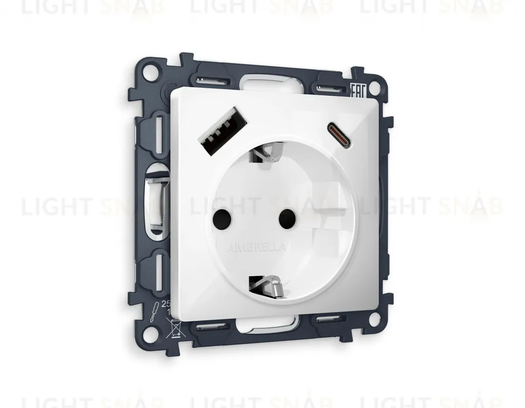 Розетка с заземлением и USB (A+C) Ambrella Volt Alfa 16A/250В, винтовой зажим, белый глянец VM160+AP1100 VM160 + AP1100