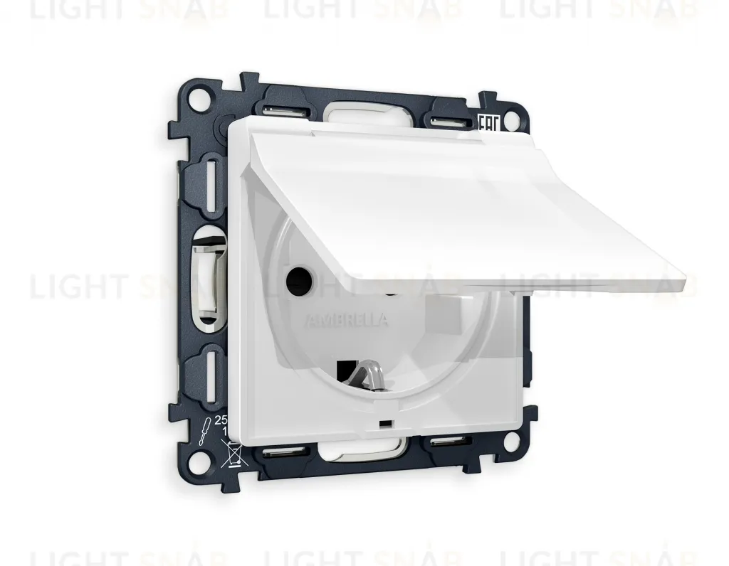 Розетка с заземлением с защитными шторками и крышкой Ambrella Volt Alfa 16A/250В, винтовой зажим, белый глянец VM141+AP1080 VM141 + AP1080