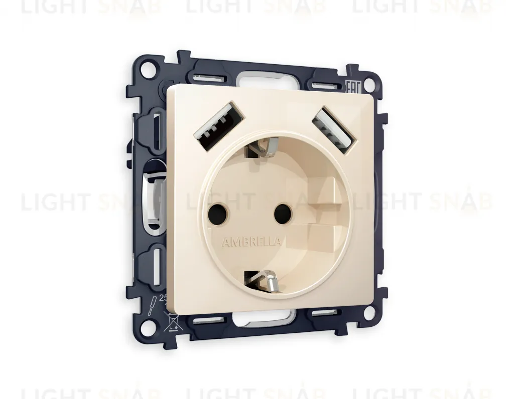 Розетка с заземлением и USB (A+A) Ambrella Volt Alfa 16A/250В, винтовой зажим, бежевый глянец VM155+AP3090 VM155 + AP3090