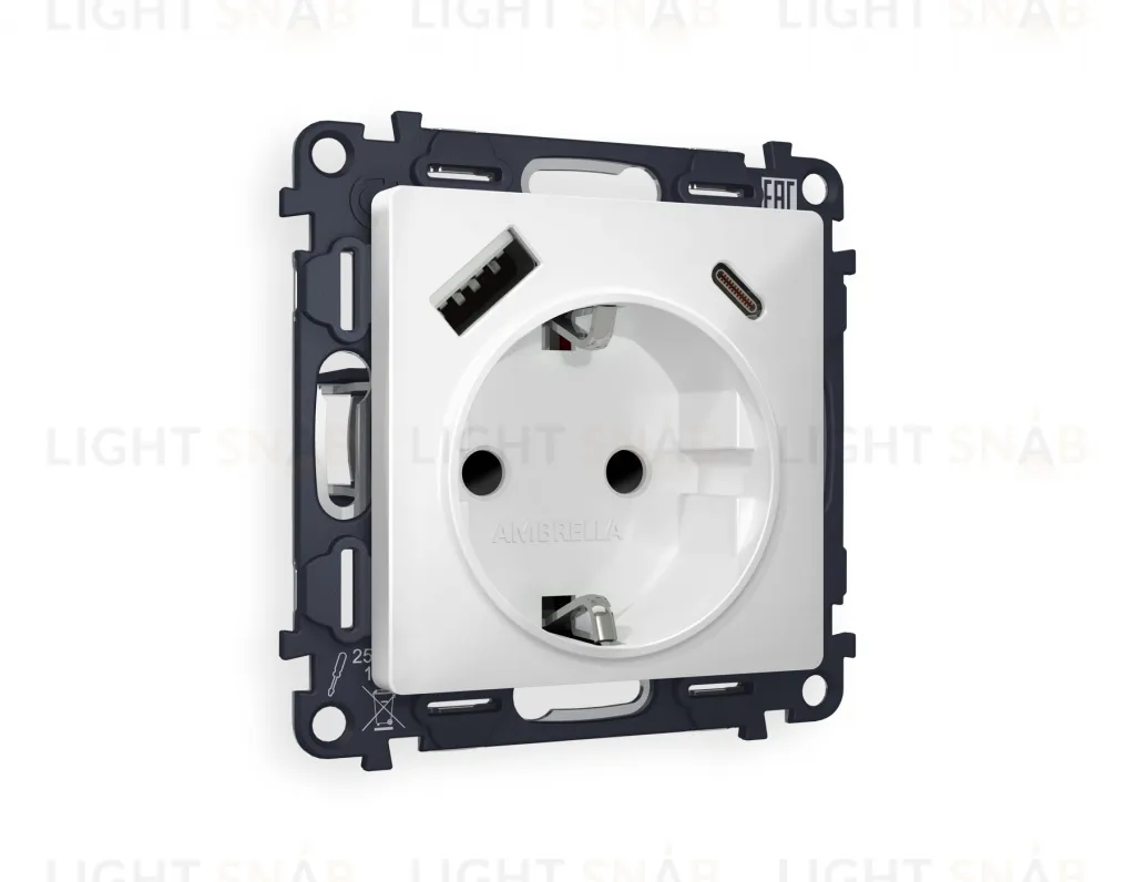 Розетка с заземлением и USB (A+C) Ambrella Volt Alfa 16A/250В, винтовой зажим, белый матовый VM160+AP1300 VM160 + AP1300