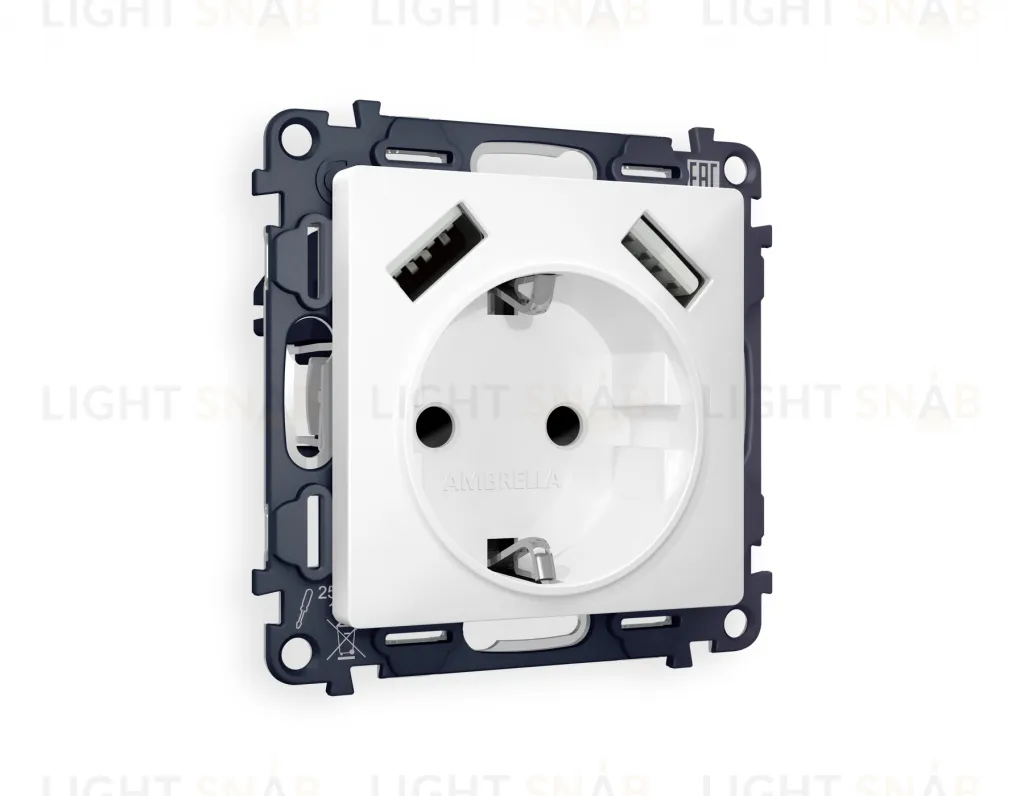 Розетка с заземлением и USB (A+A) Ambrella Volt Alfa 16A/250В, винтовой зажим, белый матовый VM155+AP1290 VM155 + AP1290