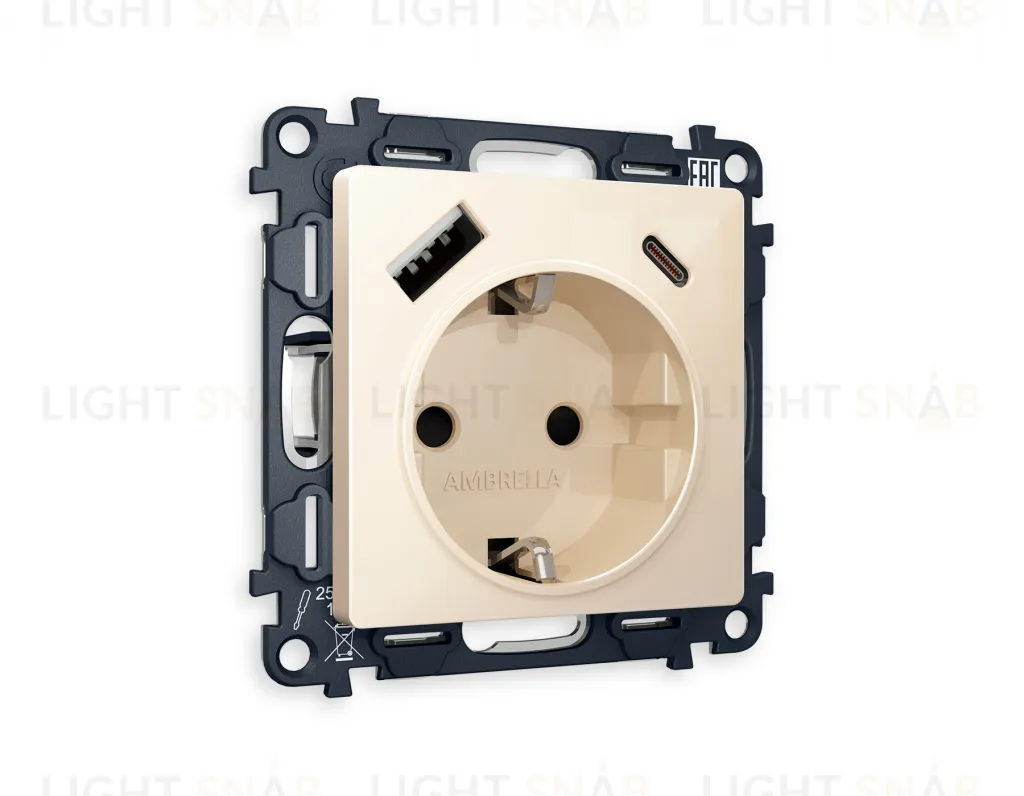 Розетка с заземлением и USB (A+C) Ambrella Volt Alfa 16A/250В, винтовой зажим, бежевый глянец VM160+AP3100 VM160 + AP3100