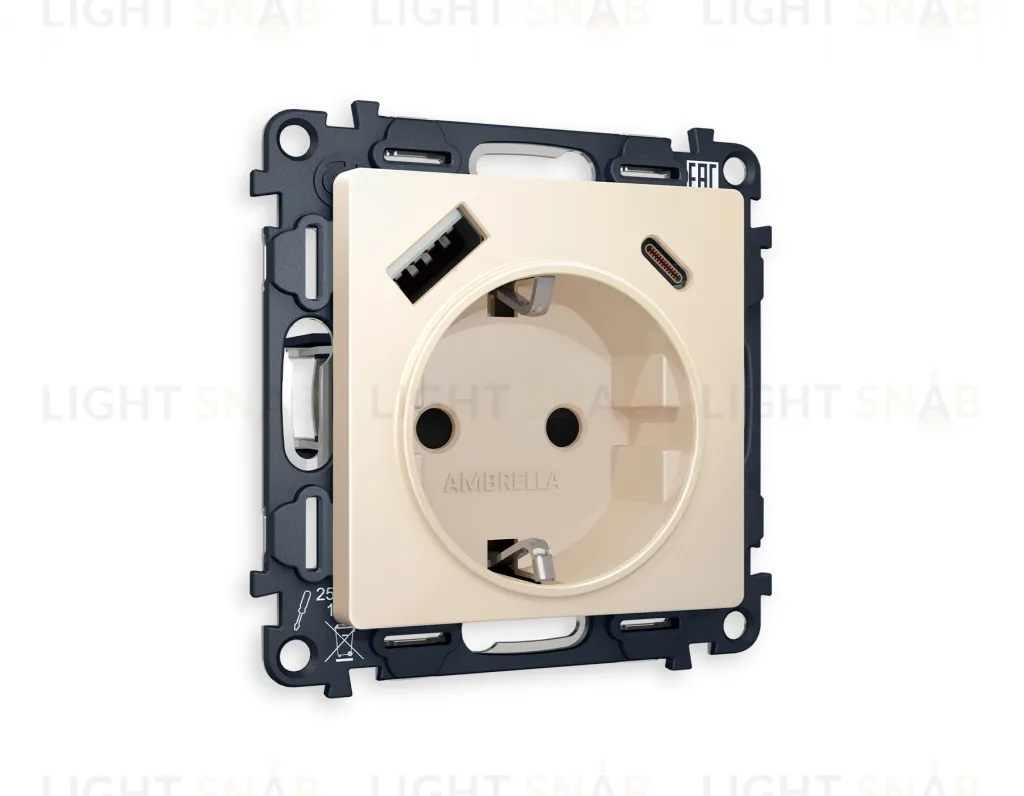 Розетка с заземлением и USB (A+C) Ambrella Volt Alfa 16A/250В, винтовой зажим, бежевый матовый VM160+AP3300 VM160 + AP3300