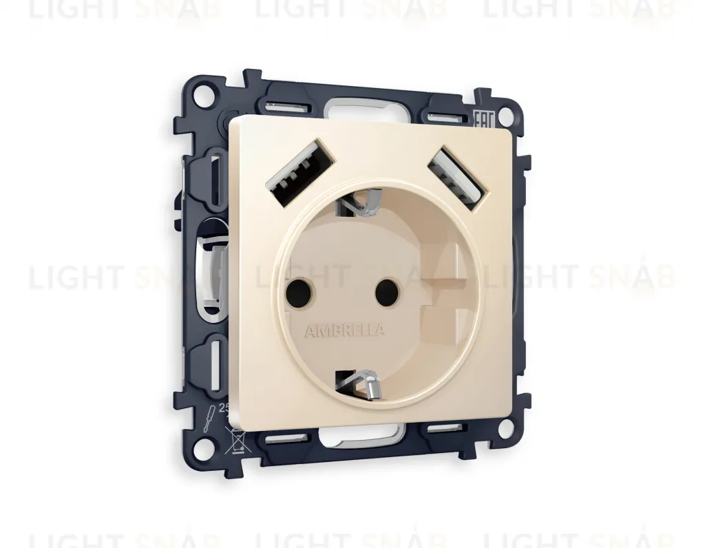 Розетка с заземлением и USB (A+A) Ambrella Volt Alfa 16A/250В, винтовой зажим, бежевый матовый VM155+AP3290 VM155 + AP3290