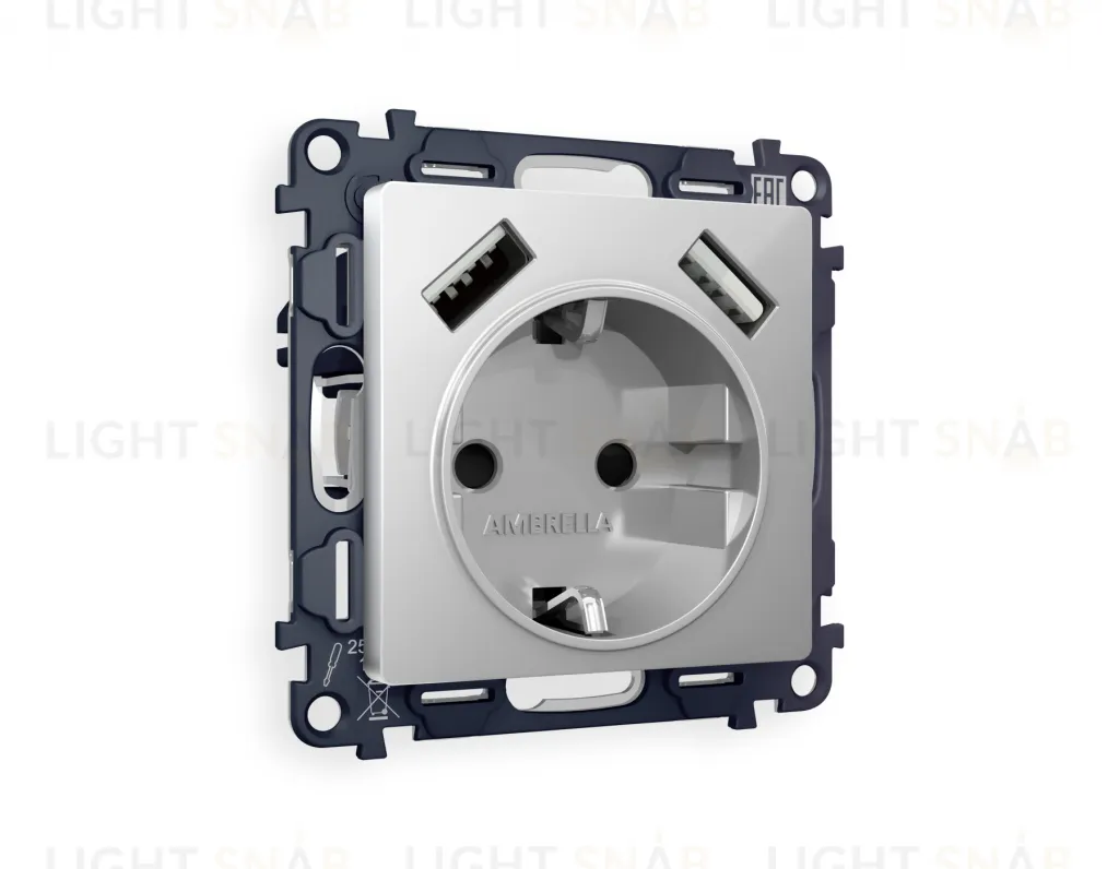 Розетка с заземлением и USB (A+A) Ambrella Volt Alfa 16A/250В, винтовой зажим, серебро глянец VM155+AP4090 VM155 + AP4090