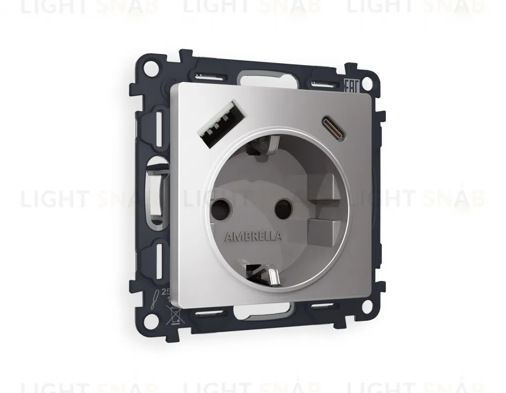 Розетка с заземлением и USB (A+C) Ambrella Volt Alfa 16A/250В, винтовой зажим, сталь матовый VM160+AP5100 VM160 + AP5100