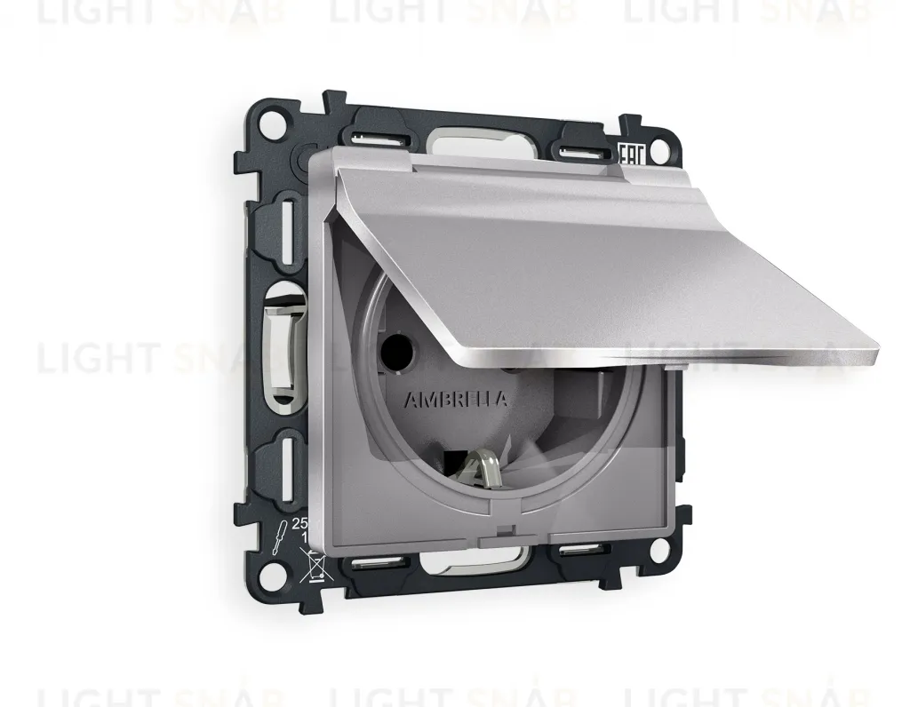 Розетка с заземлением с защитными шторками и крышкой Ambrella Volt Alfa 16A/250В, винтовой зажим, сталь матовый VM141+AP5080 VM141 + AP5080