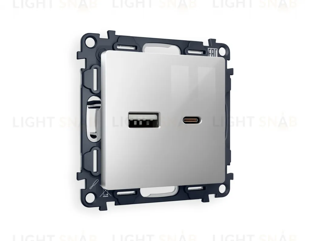 Розетка USB двойная для зарядки тип А+С 3000мА Ambrella Volt Alfa серебро глянец VM177+AP4110 VM177 + AP4110