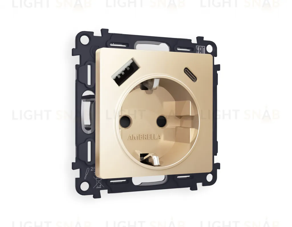 Розетка с заземлением и USB (A+C) Ambrella Volt Alfa 16A/250В, винтовой зажим, шампань VM160+AP6100 VM160 + AP6100