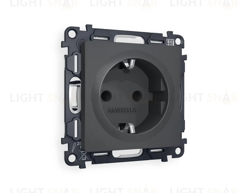 Розетка с заземлением с защитными шторками Ambrella Volt Alfa 16A/250В, винтовой зажим, графит VM141+AP9070 VM141 + AP9070