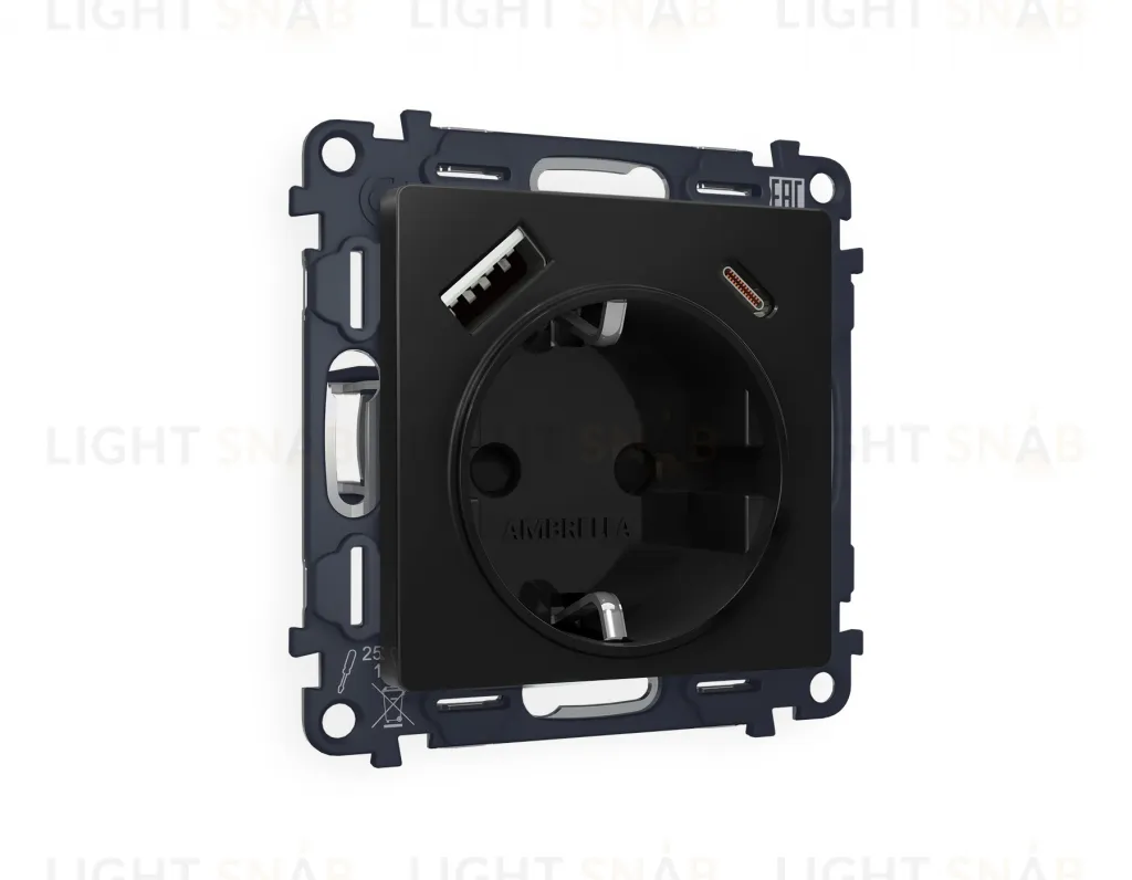 Розетка с заземлением и USB (A+C) Ambrella Volt Alfa 16A/250В, винтовой зажим, черный матовый VM160+AP8100 VM160 + AP8100