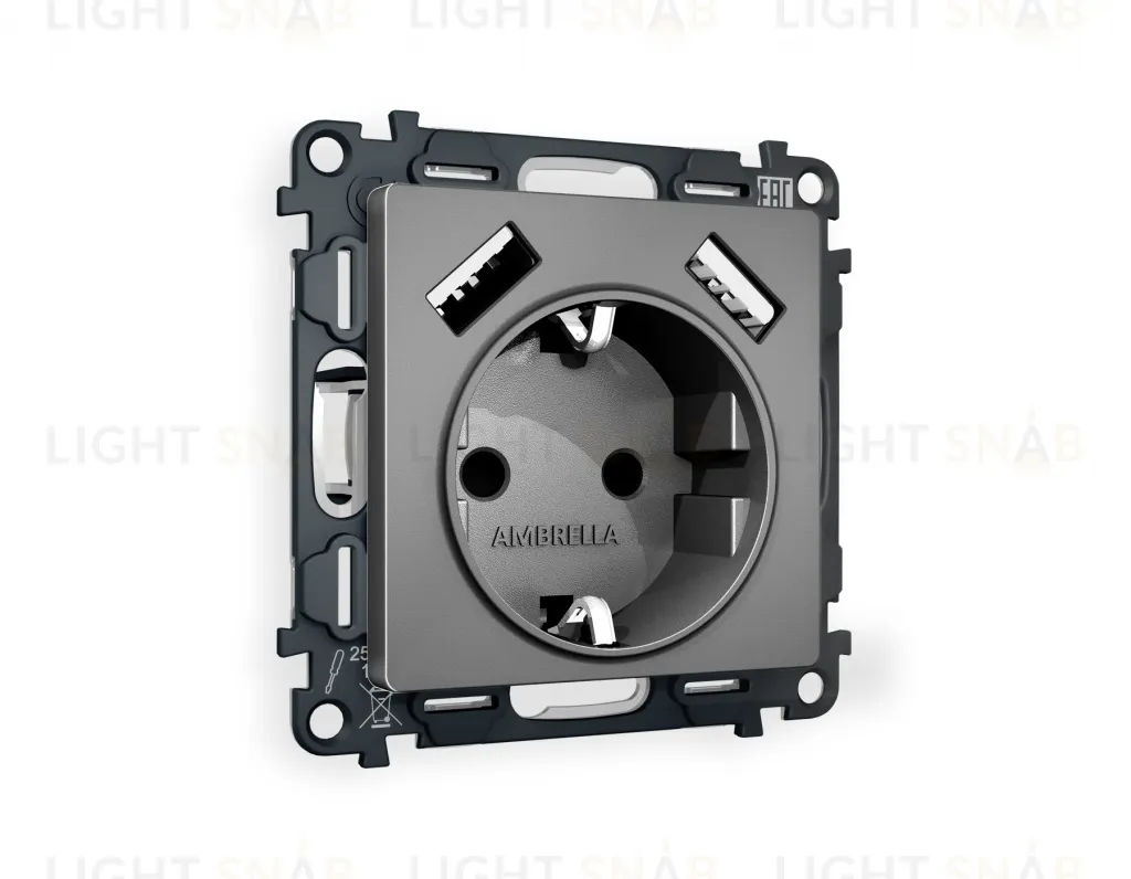 Розетка с заземлением и USB (A+A) Ambrella Volt Alfa 16A/250В, винтовой зажим, антрацит серый VM155+AP6590 VM155 + AP6590
