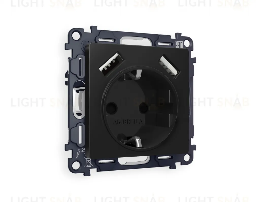 Розетка с заземлением и USB (A+A) Ambrella Volt Alfa 16A/250В, винтовой зажим, черный матовый VM155+AP8090 VM155 + AP8090