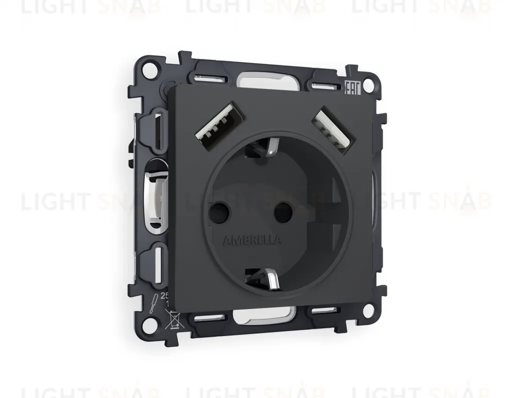 Розетка с заземлением и USB (A+A) Ambrella Volt Alfa 16A/250В, винтовой зажим, графит VM155+AP9090 VM155 + AP9090