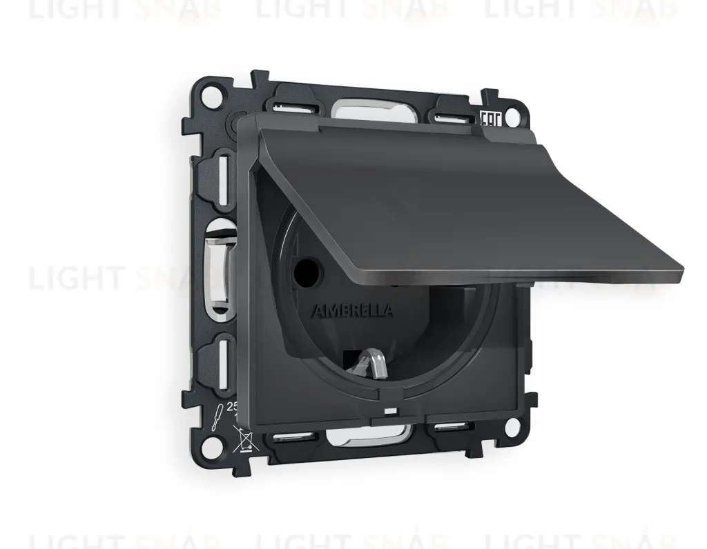 Розетка с заземлением с защитными шторками и крышкой Ambrella Volt Alfa 16A/250В, винтовой зажим, графит VM141+AP9080 VM141 + AP9080