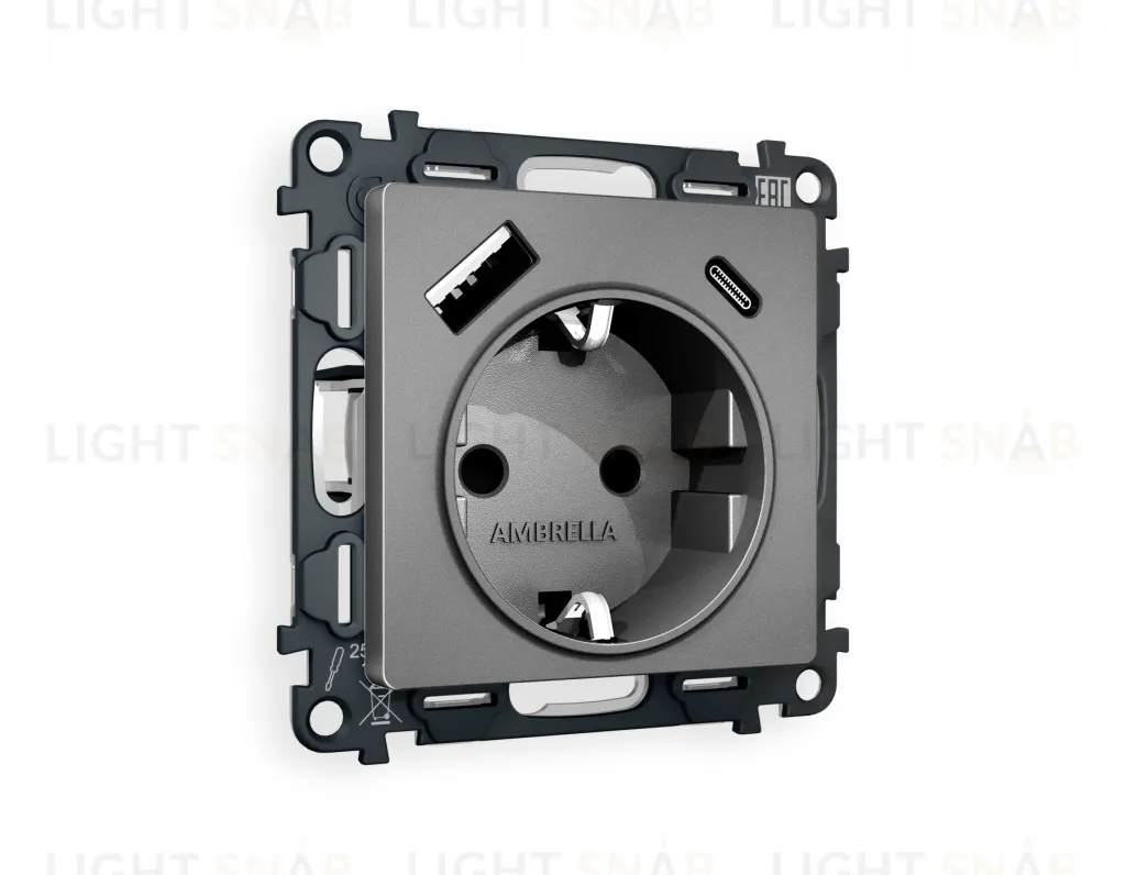 Розетка с заземлением и USB (A+C) Ambrella Volt Alfa 16A/250В, винтовой зажим, антрацит серый VM160+AP6600 VM160 + AP6600