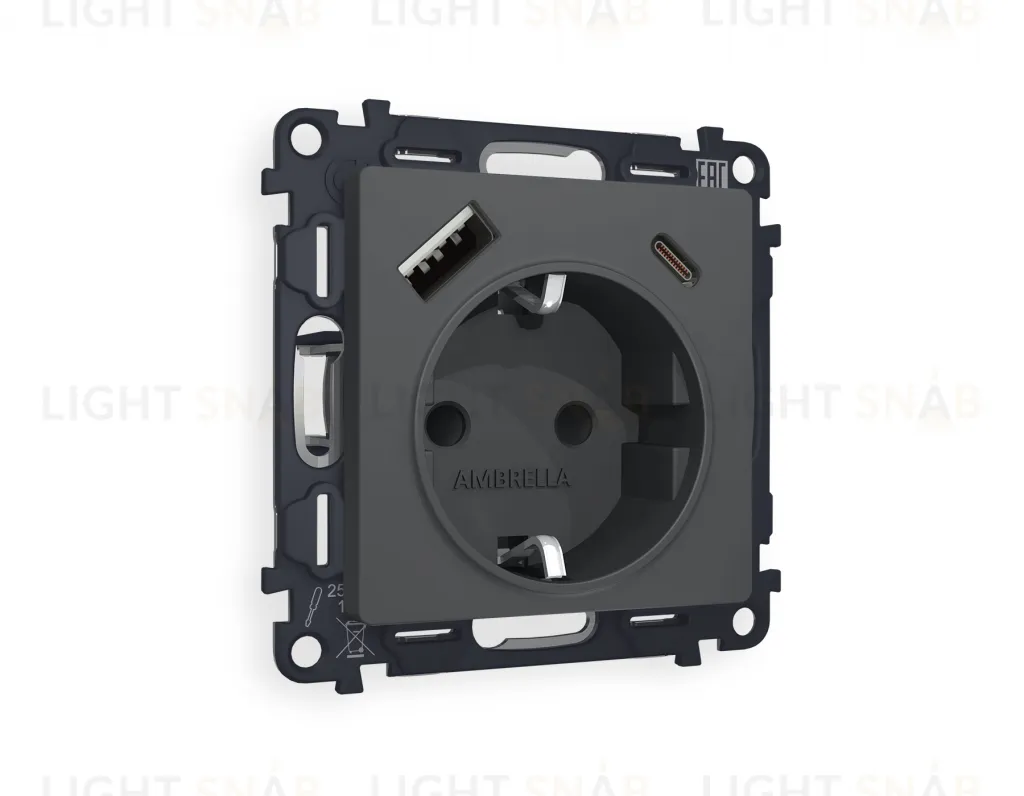 Розетка с заземлением и USB (A+C) Ambrella Volt Alfa 16A/250В, винтовой зажим, графит VM160+AP9100 VM160 + AP9100