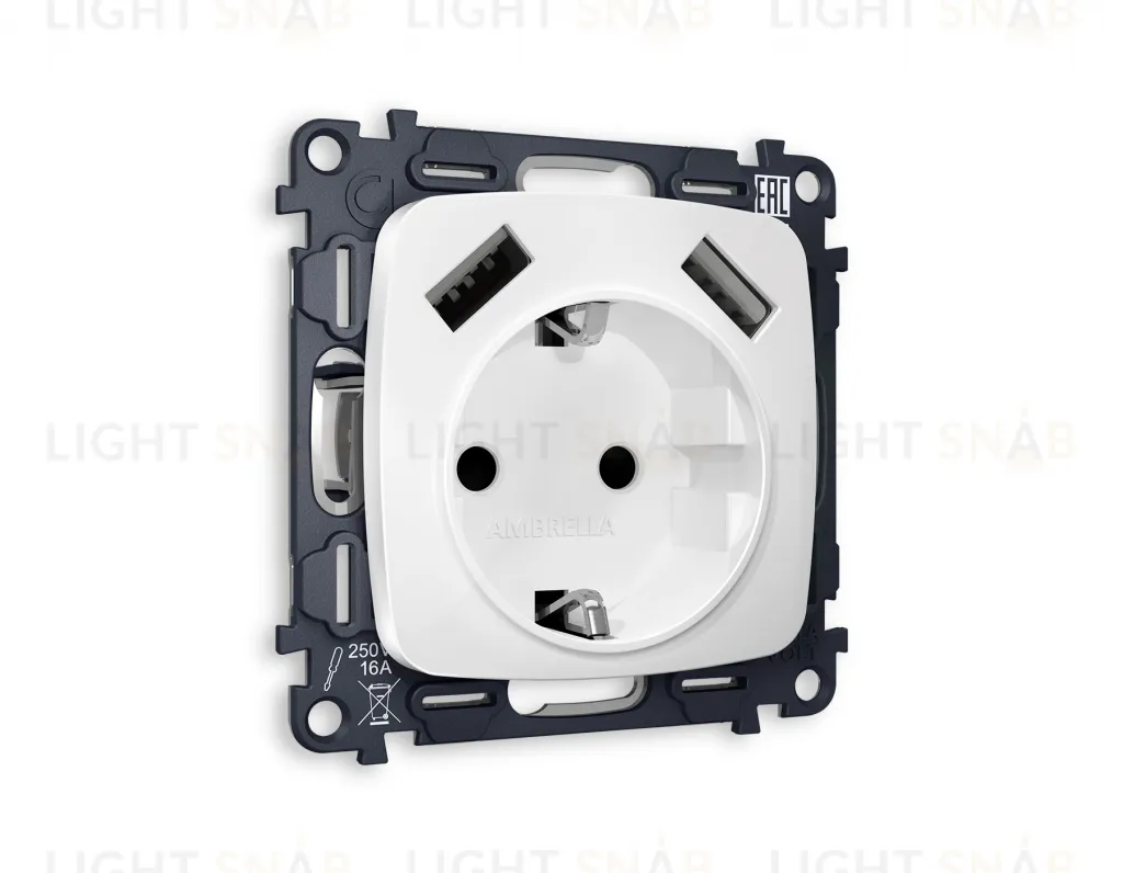 Розетка с заземлением и USB (A+A) Ambrella Volt Omega 16A/250В, винтовой зажим, белый матовый VM155+OP1290 VM155 + OP1290