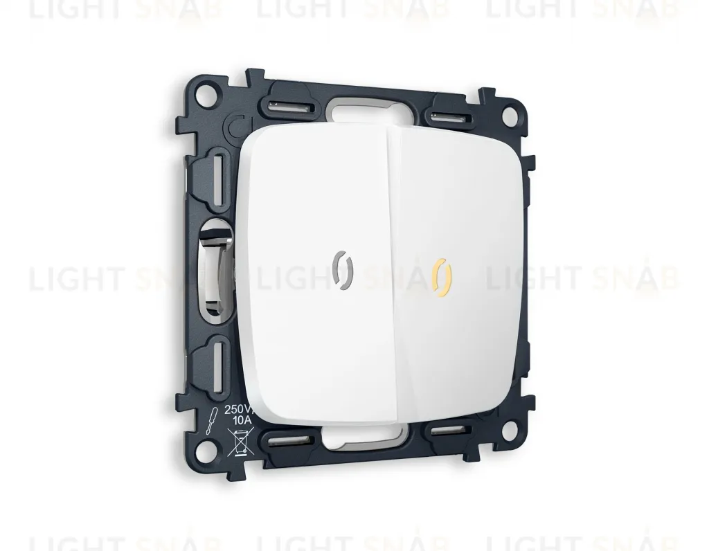 Выключатель двухклавишный проходной с подсветкой (мягкий теплый свет) Ambrella Volt Omega 10A/250В белый матовый VM120+G22Y+G22Y+OP1240 VM120 + G22Y + OP1240