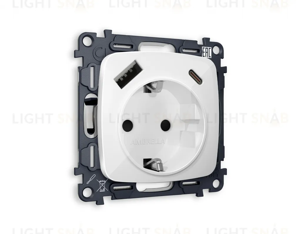 Розетка с заземлением и USB (A+C) Ambrella Volt Omega 16A/250В, винтовой зажим, белый глянец VM160+OP1100 VM160 + OP1100