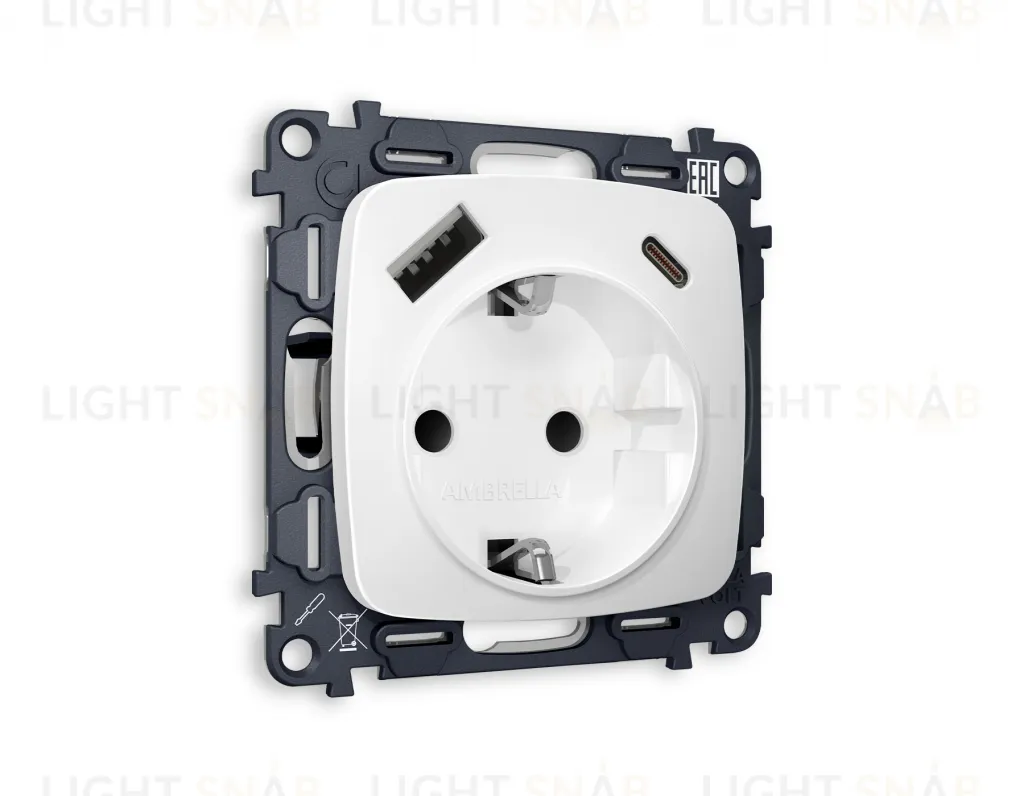 Розетка с заземлением и USB (A+C) Ambrella Volt Omega 16A/250В, винтовой зажим, белый матовый VM160+OP1300 VM160 + OP1300