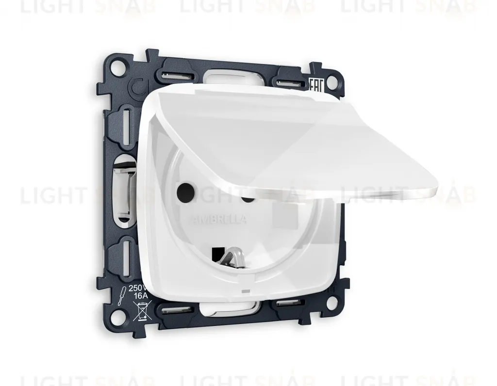 Розетка с заземлением с защитными шторками и крышкой Ambrella Volt Omega 16A/250В, винтовой зажим, белый глянец VM141+OP1080 VM141 + OP1080