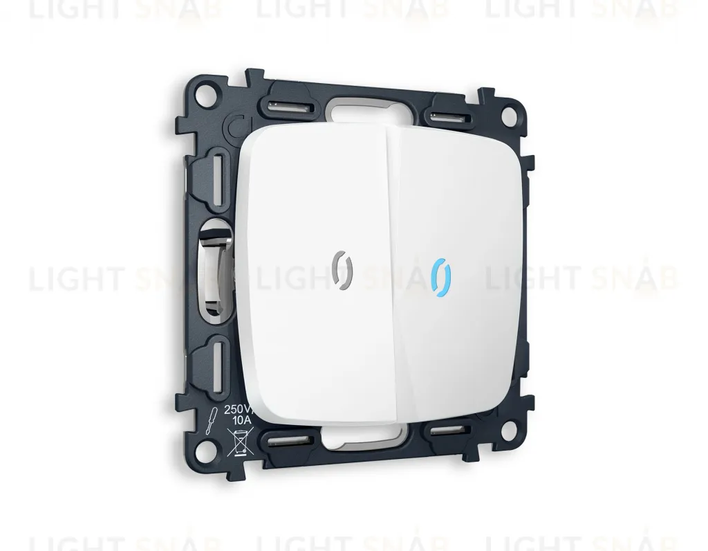 Выключатель двухклавишный проходной с подсветкой (голубой свет) Ambrella Volt Omega 10A/250В белый матовый VM120+G29B+G29B+OP1240 VM120 + G29B + OP1240