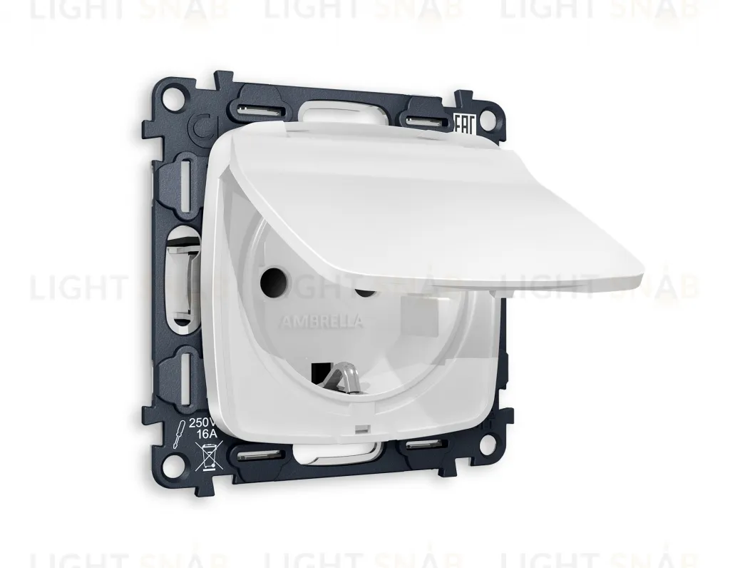 Розетка с заземлением с защитными шторками и крышкой Ambrella Volt Omega 16A/250В, винтовой зажим, белый матовый VM141+OP1280 VM141 + OP1280
