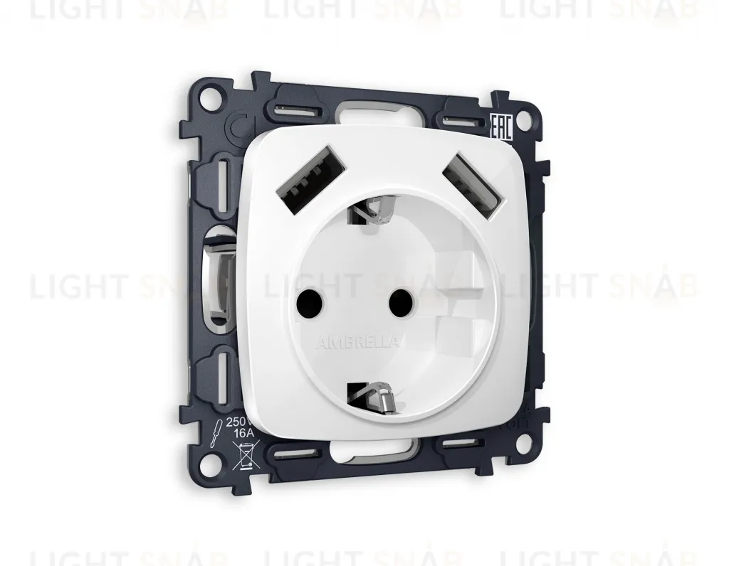 Розетка с заземлением и USB (A+A) Ambrella Volt Omega 16A/250В, винтовой зажим, белый глянец VM155+OP1090 VM155 + OP1090
