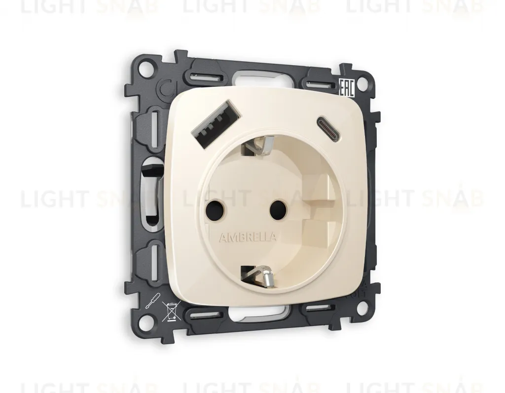 Розетка с заземлением и USB (A+C) Ambrella Volt Omega 16A/250В, винтовой зажим, бежевый глянец VM160+OP3100 VM160 + OP3100