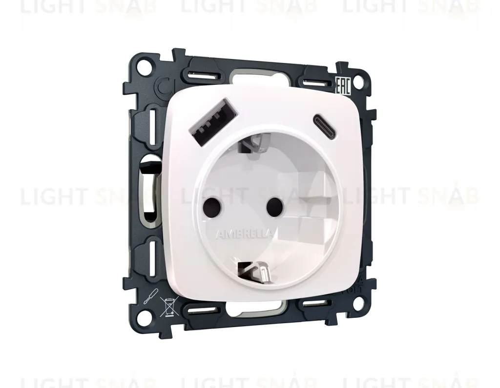 Розетка с заземлением и USB (A+C) Ambrella Volt Omega 16A/250В, винтовой зажим, жемчуг VM160+OP2100 VM160 + OP2100