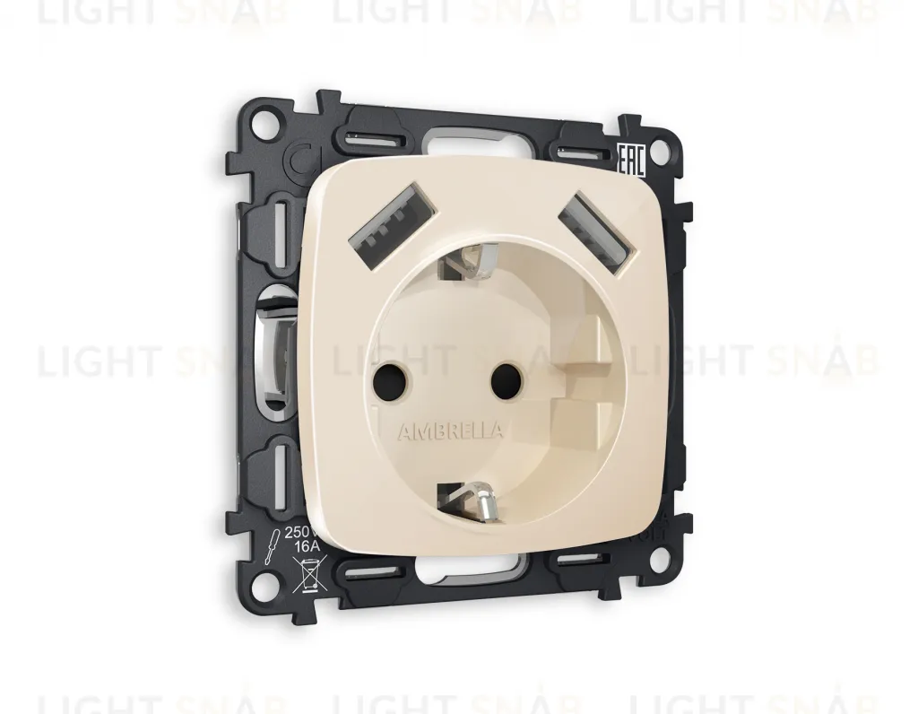 Розетка с заземлением и USB (A+A) Ambrella Volt Omega 16A/250В, винтовой зажим, бежевый глянец VM155+OP3090 VM155 + OP3090