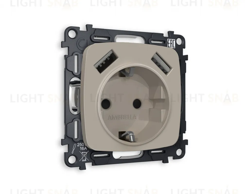 Розетка с заземлением и USB (A+A) Ambrella Volt Omega 16A/250В, винтовой зажим, серо-бежевый матовый VM155+OP3690 VM155 + OP3690