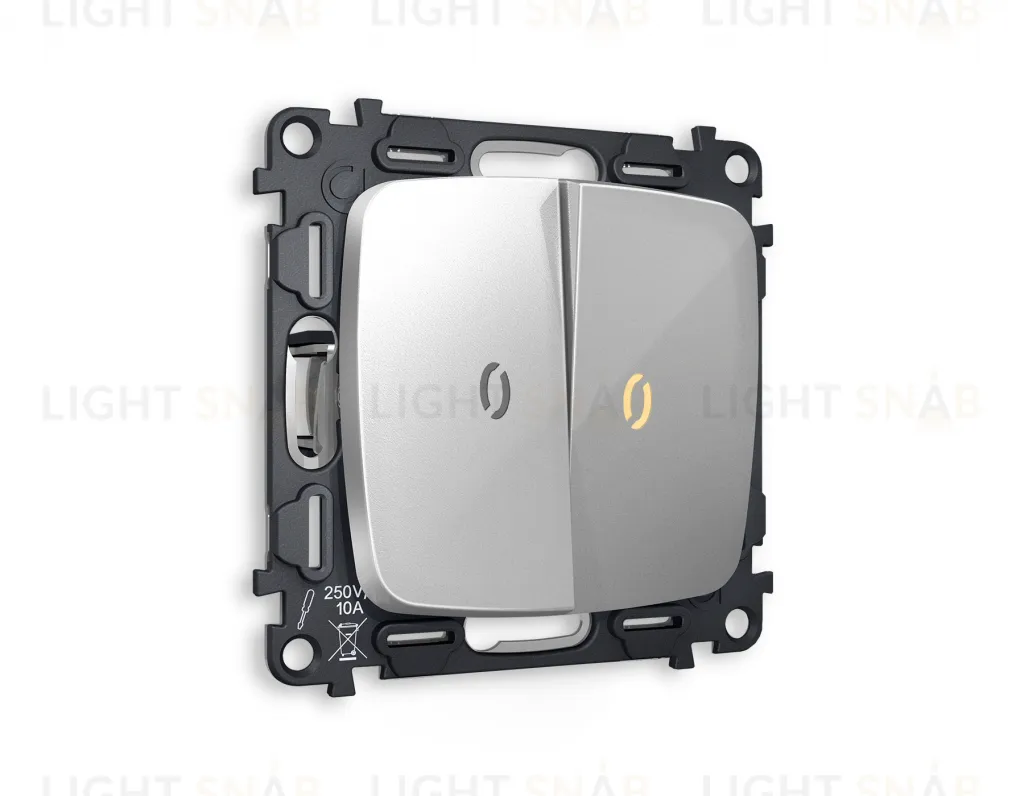 Выключатель двухклавишный проходной с подсветкой (мягкий теплый свет) Ambrella Volt Omega 10A/250В серебро глянец VM120+G22Y+G22Y+OP4040 VM120 + G22Y + OP4040