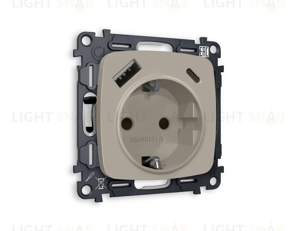 Розетка с заземлением и USB (A+C) Ambrella Volt Omega 16A/250В, винтовой зажим, серо-бежевый матовый VM160+OP3700 VM160 + OP3700