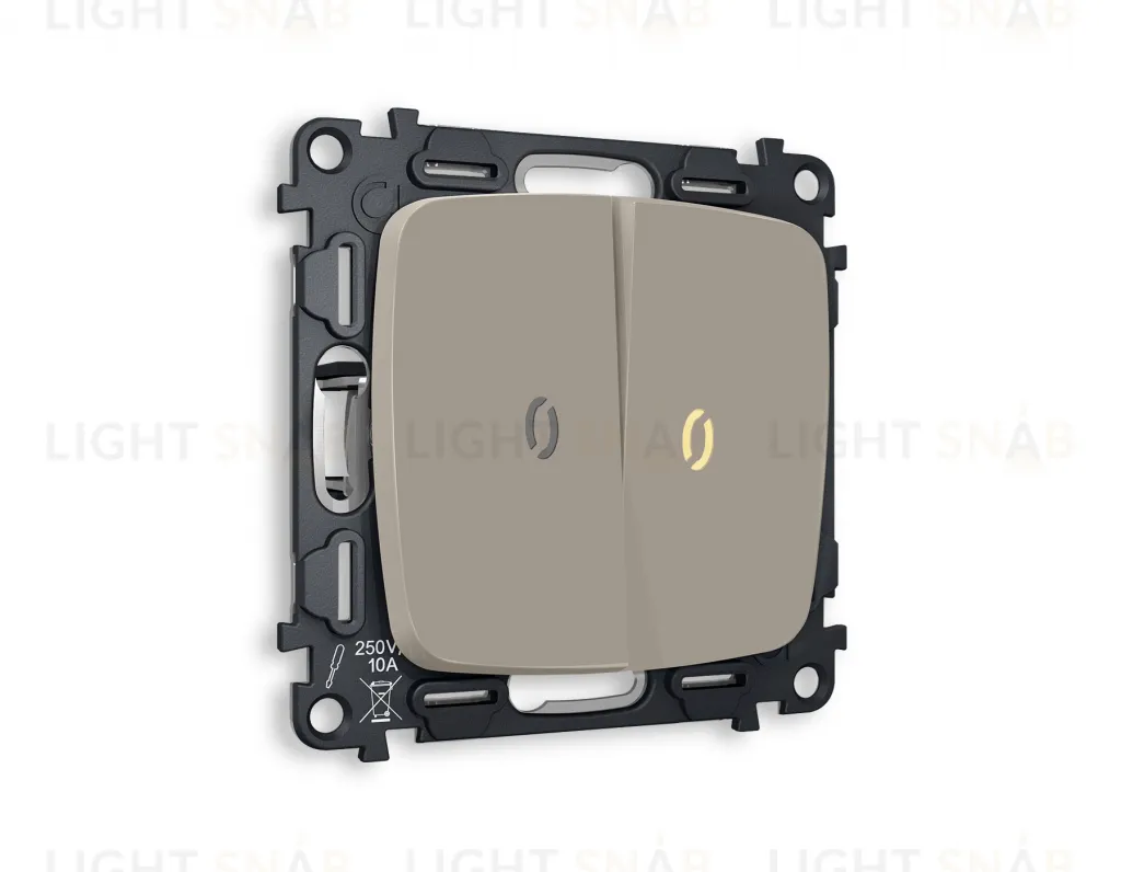 Выключатель двухклавишный проходной с подсветкой (мягкий теплый свет) Ambrella Volt Omega 10A/250В серо-бежевый матовый VM120+G22Y+G22Y+OP3640 VM120 + G22Y + OP3640
