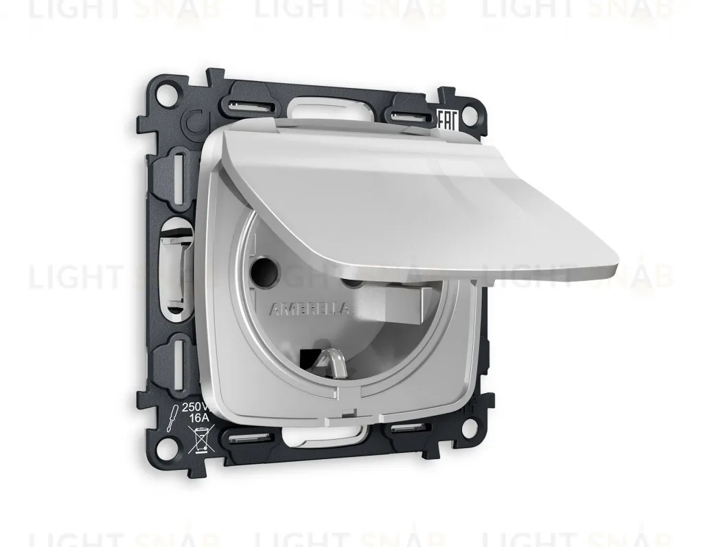 Розетка с заземлением с защитными шторками и крышкой Ambrella Volt Omega 16A/250В, винтовой зажим, серебро глянец VM141+OP4080 VM141 + OP4080