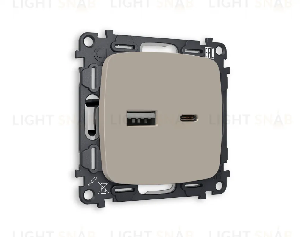 Розетка USB двойная для зарядки тип А+С 3000мА Ambrella Volt Omega серо-бежевый матовый VM177+OP3710 VM177 + OP3710