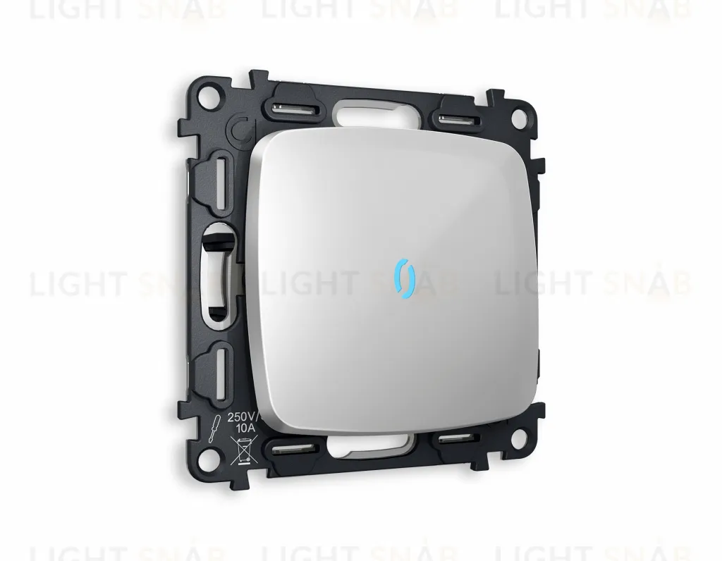 Выключатель одноклавишный с подсветкой (голубой свет) Ambrella Volt Omega 10A/250В серебро глянец VM101+G17B+OP4020 VM101 + G17B + OP4020