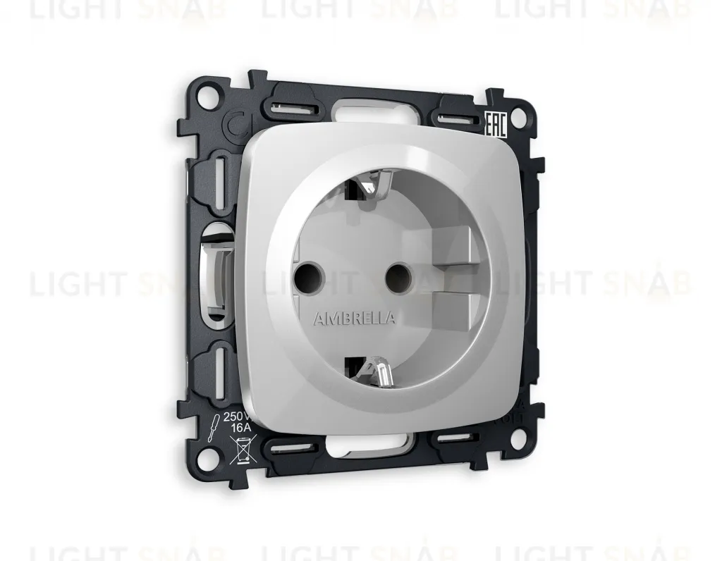 Розетка с заземлением с защитными шторками Ambrella Volt Omega 16A/250В, винтовой зажим, серебро глянец VM141+OP4070 VM141 + OP4070